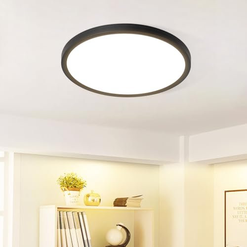 muyuua Deckenlampe LED Deckenleuchte Flach - Rund Badezimmerlampe 18CM IP44 Wasserdicht Badlampe Küchenlampe Decke Schwarz Flurlampe 15W Augenschutz 3000K Warmweiß Schlafzimmerlampe für Bad Küche Flur