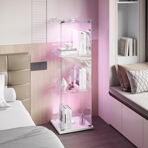 Vitrina de cristal de pie con LED, 3 capas de cristal, madera, cristal, vitrina de 1 puerta y cerradura, vitrina de cristal (blanco, 3 pisos, 1 puerta+LED)