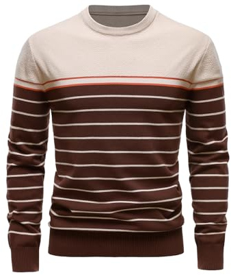 LUVCES Jersey Invierno Hombre Casual a Rayas Cuello Redondo Manga Larga Suéteres de Punto en Contraste Sueter Rayas Hombre Largo Manga para Otoño Albaricoque y marrón M
