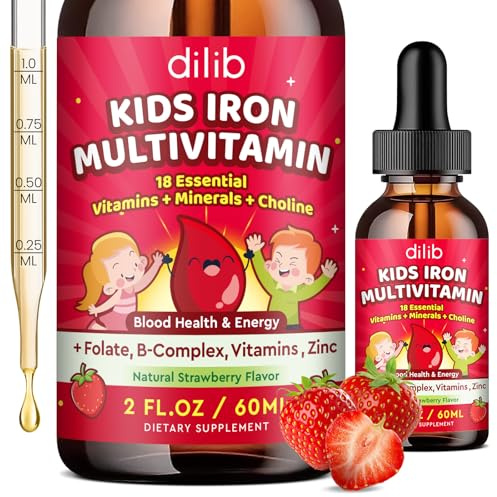 Liquid Iron Supplement for Kids, Kids Multivitamin with Iron Drops with Zinc, Vitamin B Complex, Folate - Support Blood Builder & Energy, Iron Deficiency for Women, Men, Vegan Strawberry 2 Fl Oz