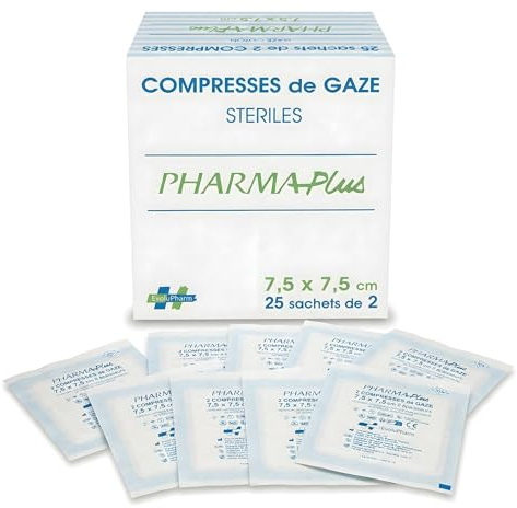 Compresas de gasa estériles – Compresas médicas hidrofílicas para el cuidado de heridas, absorción, posoperatorio y primeros auxilios (7,5 x 7,5 cm, 25 bolsitas x2)
