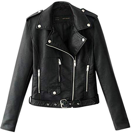 IMJONO Blouson de Motard Femme Veste Moto - Zip Perfecto Court en Similicuir avec Ceinture - Court Manteau Femme Pas Cher Veste en Imitation Cuir Printemps Automne Blouson Cuir Femme（Noir,XL