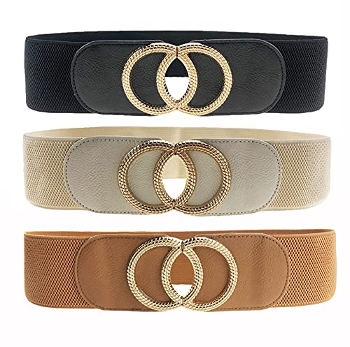 Swtddy 3 Pack Womens Vintage Wide Elastic Stretch Waist Belt For Dresses (Golden O Design Black+Beige+Camel, Suit For Waist Size 36-45)