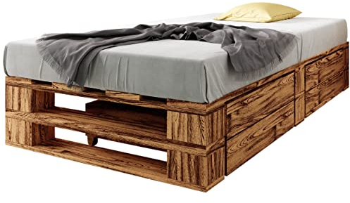 sunnypillow Palettenbett M2 aus Holz 80 x 200 cm mit Lattenrost und 2 Bettkästen. Stabiles Seniorenbett Kinderbett Jugendbett Gästebett erhöhtes Einzelbett Bettgestell Futonbett Komforthöhe Geflammt