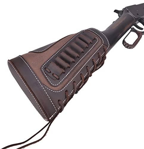 Leather Buttstock Cartridge Ammo Holder for Rifles 12 Gauge or .30-30 .308 Caliber Hunting Ammo Pouch Bag Stock Right Handed Shotgun Shell Holder (Coffee, .357 .30-30 .38)
