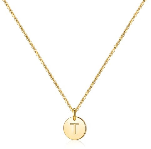 TINGN Startskiva Halsband Kvinnor, 14K Guld Fylld Dainty Rund Dubbelsidiga Graverad Skiva Hamrad Initial Halsband Personlig Brev Hänge Halsband Kvinnor Initialer Smycken Gåvor, Guld, Guld