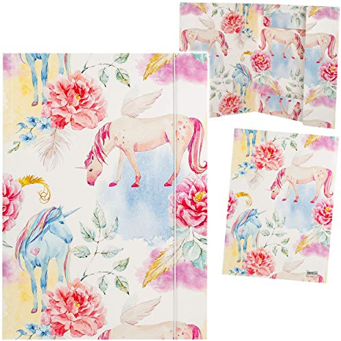 alles-meine.de GmbH XXL A3 - Zeichenmappe/Sammelmappe Motivwahl Einhorn & Blumen - Ordner - 44 cm - Mappe für Hefte Zeitschriften Zeichnungen - Gummizugmappe/Kinder Erw..