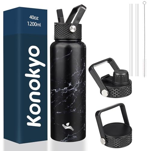 Konokyo Insulated Water Bottle with Straw,40oz 3 Lids Metal Bottles Stainless Steel Water Flask,Marble Midnight