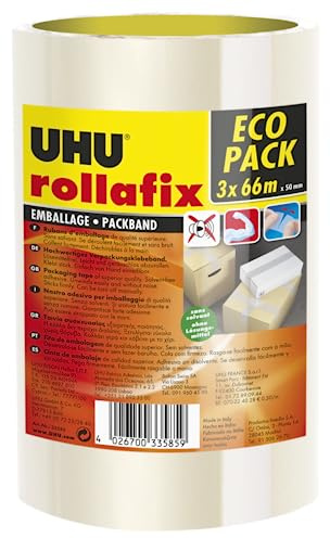UHU Rollafix - Ruban Adhésif Marron - Emballage, Packaging - Adhérence Elevée - Sans Solvants - Se Déchire à la Main - Lot de 3 Rubans de 66 m x 50 mm