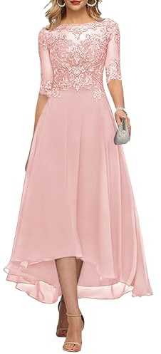 KURFACE Vestido de noche largo de gasa con mangas para madre de la novia, con apliques de encaje, longitud del té, vestido de noche formal, Blush Pink, 46