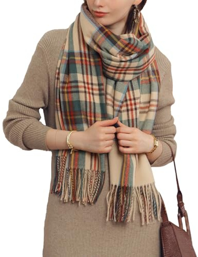 Rayson Bufanda Mujer Invierno Caliente Suave Tartan Chal Longitud Media Engrosado Foulard con Borlas(Beige, talla única)