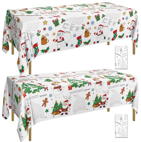 2Pcs Christmas Coloring Tablecloths, Rectangular Paper Xmas Table Covers, Giant Coloring Poster Santa Claus Snowman for Kids Winter Holiday New Year Merry Christmas Party Supplies, 137 x 274cm