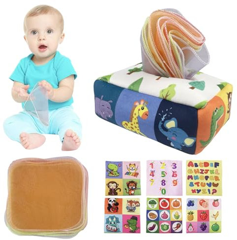 Chiluxendo Jeux Sensoriel 6 Mois, Jouet Montessori Sensoriels, Jeux Montessori Mouchoirs Papier Boite, Jouets en Boîte à Mouchoirs, Jouets d'Éveil Boîte à Tissus Cadeau, pour Garcons Filles 0-12 Mois