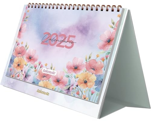 Calendario 2025 Sobremesa - Mensual Enero a Diciembre, Español e Inglés, Tamaño 21,5 x 15,5 cm, Con Plannings Mensuales y Anual, Cierre Anillas Doble Wire’o - Takenote Amapola