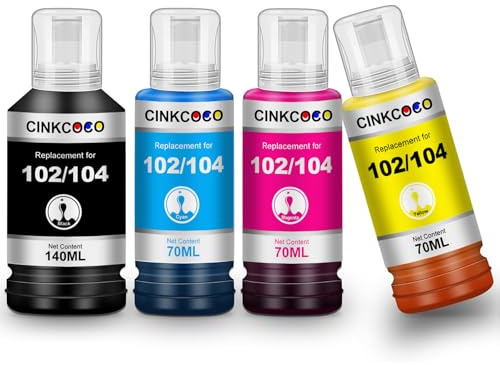 CINKCOCO 102 104 Refill Tinte Kompatibel Ersatz für Epson 102 Tinte für 104 Tinte für ET-2720 ET-2710 ET-2715 ET-2820 für 102 EcoTank ET-2750 ET-2850 ET-4750 ET-2856 ET-4850 (B/C/M/Y)
