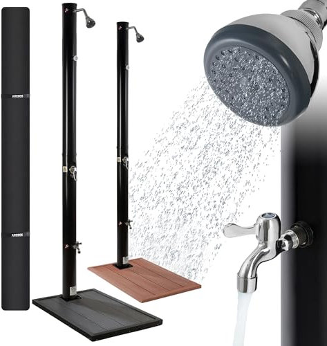 AREBOS Douche Solaire 20 litres et élément de Sol Anthracite | avec Housse de Protection | avec thermomètre intégré et Douche à Pied | Pommeau de Douche Rond | avec raccord Tuyau d'arrosage