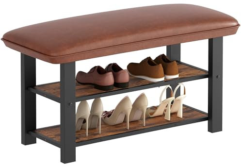 Hzuaneri Schuhbank, Sitzbank, Schuhregal mit 2 Ebenen, Kunstleder, Mid-Century-Modern-Stil, 10 cm Dickes Kissen, bis 150 kg Belastbar, 35 x 85 x 50 cm, für Flur, Eingang, Vintagebraun SB45201B