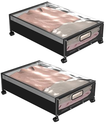 aichilra 2 Pezzi Contenitori Sottoletto con Ruote, Armadio Salvaspazio con Coperchio Trasparente - Contenitore Sottoletto con Ruote in Metallo per Vestiti, Scarpe, Giocattoli (62x42x18 cm, Nero)