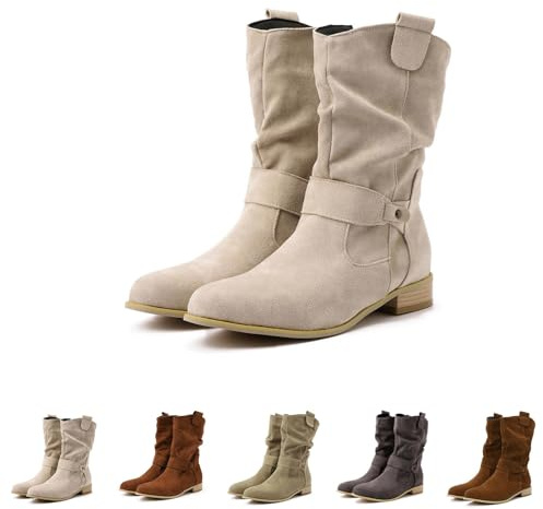 EQWIGKEIT Botas de ante para mujer con tacón, media altura, de entrada fácil, antideslizantes, botas de tobillo vintage, elegantes, ligeras, con tacón en bloque, botas de invierno, 36 EU