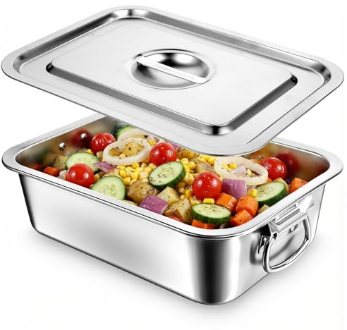 4 Inch Extra Deep Lasagna Pan with Lid and Handles, 14x10.6 Inch Stainless Steel Large Baking Dish Tray, Nonstick Lasagna Baking Thick Metal Roasting Pan for Casserole Brownie Turkey, Silver