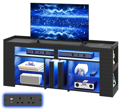 IRONCK 140CM LED TV Stand for 55/65 Inch TV, Carbon Fiber TV Unit with Power Outlet, Media Entertainment Center for PS4/Xbox, Wooden TV Console Table Storage Cabinet for Living Room Bedroom, Black
