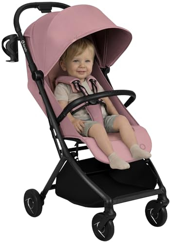 Lionelo Sia Resebarnvagn (6 mån–4 år) upp till 22 kg – Ultralätt 5,9 kg & Kompakt, Enhandstyrd, Punkteringsfria Hjul med Fjädring, UPF50+ Vattentät Sufflett, Står Ihopfälld, Myggnät Mugghållare, Rosa