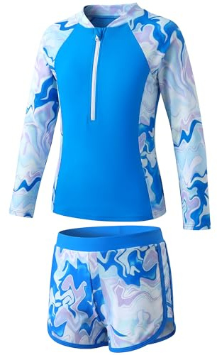 Baogaier Maillot de Bain 2 Pièces Filles Protection Solaire, 5-14 Ans | Maillots Manches Longues et Shorty, Anti UV, Ensemble de Plage, Séchage Rapide, Confortable, Rash Guard, pour Piscine Plage