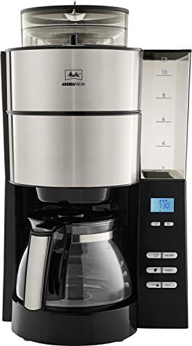Melitta AromaFresh - Filterkaffeemaschine - integriertes Mahlwerk - mit Glaskanne - Timer Funktion - Tropfstopp - 10 Tassen - Schwarz (1021-01)