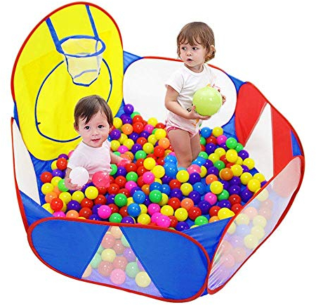 Eocolz Bällebad für Kinder, großes Pop-Up-Ballgäbe für Kleinkinder, Spielhaus, Baby-Laufstall, mit Basketballkorb und Aufbewahrungstasche mit Reißverschluss, 120 cm (Blau & rot & gelb)