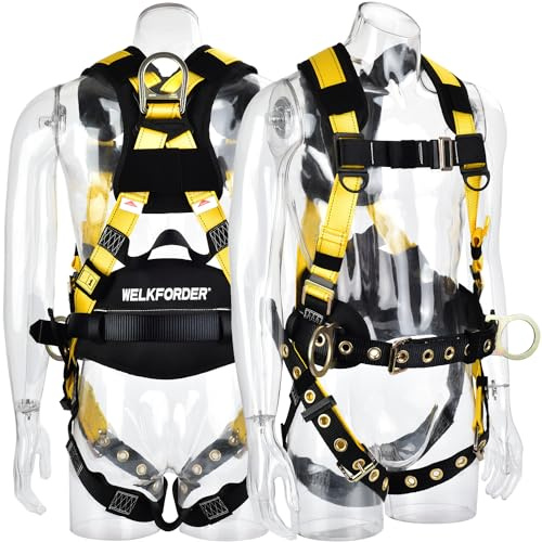 WELKFORDER 3D-Rings Industrial Fall Protection Safety Harness With Waist Tounge Buckle | Leg Tounge Buckles | Waist & Shoulder Pad Support ANSI Compliant [5pt Adjustment]