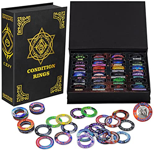 CZYY Upgraded DND Condition Rings 96 Status Effect Markers with Color Printing in 24 Conditions & Spells, and with Magic Book Storage Box Ideal Tabletop RPG Gift for DM or Player