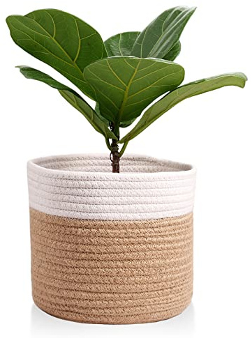 Oradrem 11 Cotton Rope Plant Basket Modern Woven Baskets for 10 Flower Pot Floor Indoor Planters,Storage Organizer Baskets Home Decor,Brown White 11x 11