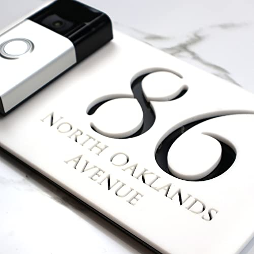 K Smart Sign | Right Text F32 | Bellissima Video Doorbell house sign door number plaques for Nest Ring Wifi doorbell plate mount | Matt White | 300mm x 160mm (Matt White & Black Marble Effect)