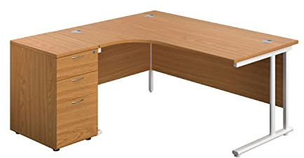 Office Hippo Heavy Duty Left Corner Radial Home Office Desk With 3 Drawer High Storage, Filing, PC Desk - 5 Yr Wty, MFC - Oak, White Frame, 160cm x 160.4cm