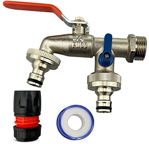 3/4 Brass Nickel Double Water Tap – Rust and Frost Resistant +2x Snap-On Connectors +2x Hose Connectors Hozelock Compatible + PTFE Tape – Ideal for Garden, Rain Barrel or Washing M. Set by MYPURECORE