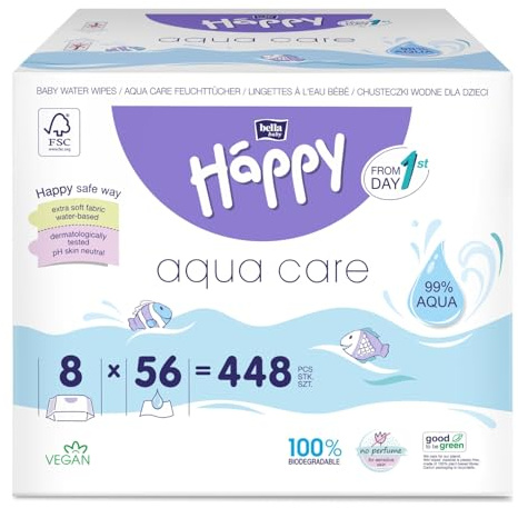 bella baby Happy Baby Feuchttücher mit 99% Wasser, Feuchttücher Box für Baby Aqua Care mit Klickverschluss (8x56 Stück)
