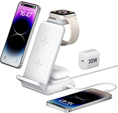 Ladestation für Apple Watch und iPhone, 4 in 1 Aluminium Wireless Charger für iPhone 15/14/13/12/11/X/8, Induktive Ladestation für Apple Watch Ultra/8/6/5/4/3/2/SE, AirPods Pro/3/2 mit 30W PD-Adapter