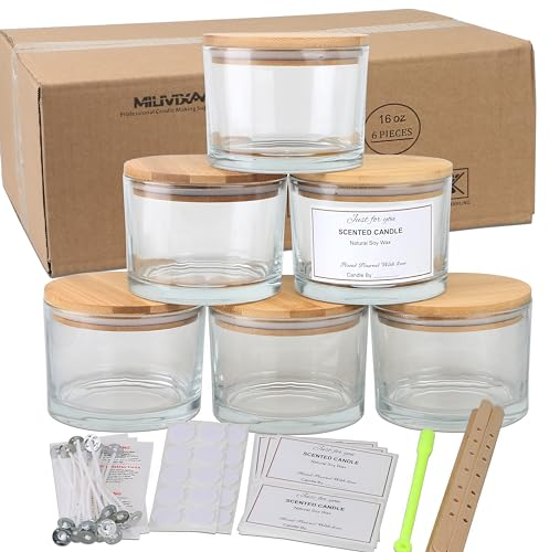 MILIVIXAY 6 Pack 16 oz Candle Jars With Bamboo Lids and Making Kits - 3 Wick Clear Thick Glass for Large Candles - Spice, Powder Containers