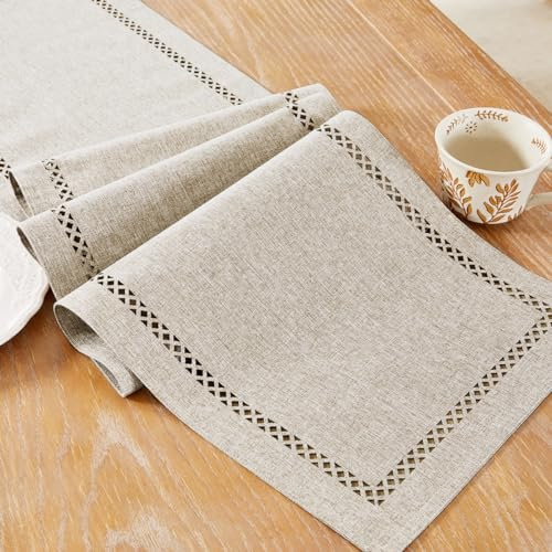 Aoztio Burlap Style Farmhouse Table Runner, 13 x 90 Inch Coffee, Rustic Geometric Hollow Table Runners 90 Inches Long for Dresser Table Everyday Use, 13x90 Inches, Coffee