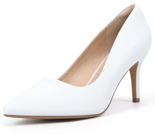 IDIFU White High Heels Pumps Closed Toe Heels Women's Pumps Stiletto Pointed Toe Dress Shoes Wedding Prom Bridal Work Office Bride Trendy Dressy Comfortable Classic Pumps Shoes(White Pu,7)