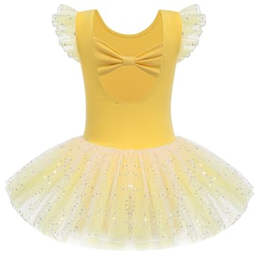 Arshiner Mädchen Kurze Ärmel Glitter Ballettanzug Ballettkleid Tanz Ballett Tutu Leotard Ballerina Outfit für Mädchen Kleinkind Gelb 130