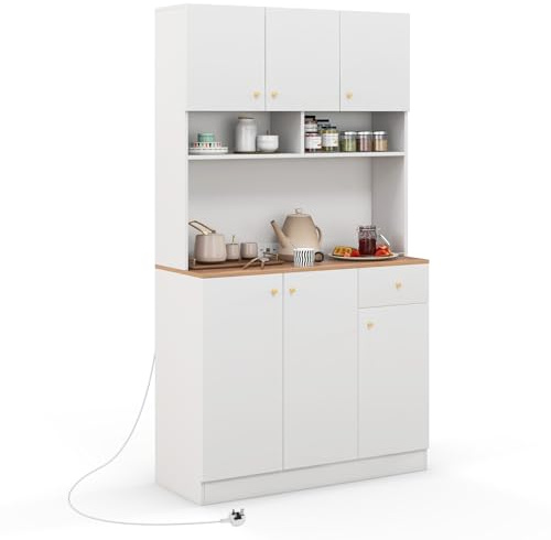 COSTWAY Tall Kitchen Cupboard, 6-Door Buffet Pantry Storage Cabinet with Outlets, USB Ports, Adjustable Shelves & Anti-Tipping Kits, Freestanding Sideboard Organizer for Dining Living Room (White)