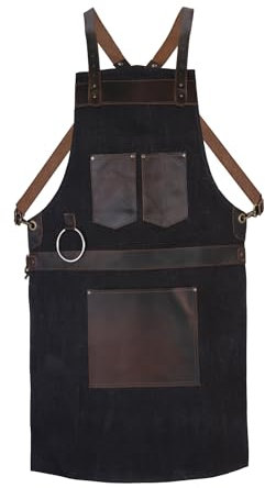 Leathershire Waxed Blue Canvas handmade Leather Apron Butcher -Cook, BBQ, DIY, Blacksmith, Barber, woodwork apron(Black)