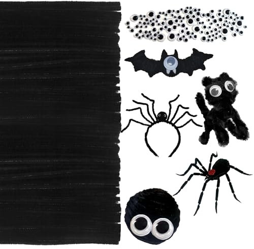 VntMQP 300 Stück, Pfeifenreiniger-Set, 200 Pfeifenreiniger, 100 Augen in verschiedenen Größen, für Halloween-Basteleien, 30 cm x 6 mm (200 Schwarz + Augen)