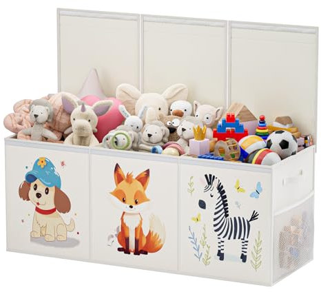 Restorgan Extra Large Toy Box Storage – Collapsible Sturdy Toy Storage Organizer with Lids, Cute Toy Chest Organizer for Boys Girls, Large Kids Toy box Bins for Playroom, Bedroom, Nursery (Beige)