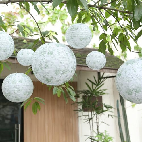 Efavormart Set of 8 White Sage Green Hanging Paper Lanterns in French Toile Floral Pattern, Chinese Festival Lanterns - 6,8,10,14