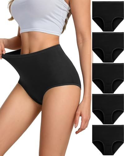 Dtuomo Underwear Women – High Waisted Knickers Soft Combed Long-Staple Cotton Full Coverage Briefs Slight Tummy Control Breathable Ladies Panties 5 Pack