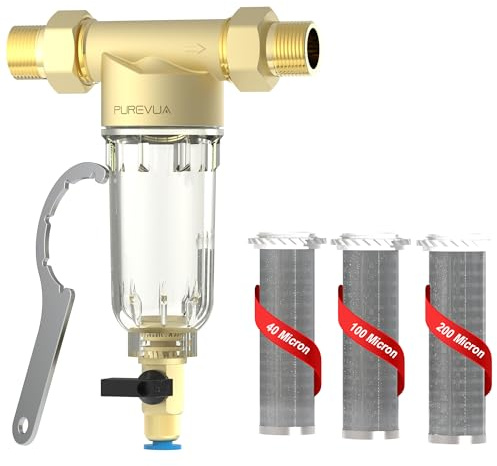 Purevua PSF1 Spin-Down Sediment Filter, Whole House Pre-Filter for Well Water & City Water, 40/100/200 Micron Reusable Stainless Steel Mesh, 1 MNPT + 3/4 FNPT & 3/4 MNPT Adapter