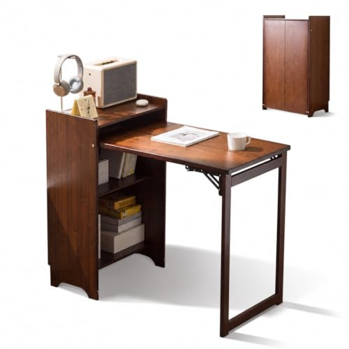 Bamboo Folding Desk with Storage Shelves, Space Saving Hide Away Desk