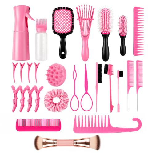 28Pcs Hair Comb & Detangling Brush Set for Women – Curly Hair Styling Kit with Spray Bottle, Sectioning Clips, Edge Brush & Hair Accessories – Professional Salon Hair Tools, Pink